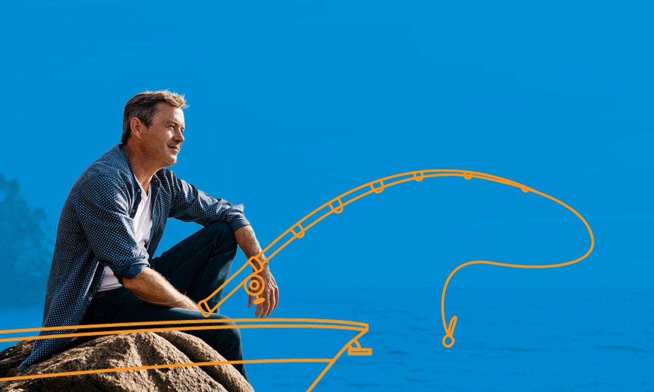 Smiling man overlaid with a drawing of a saxaphone emitting musical notes