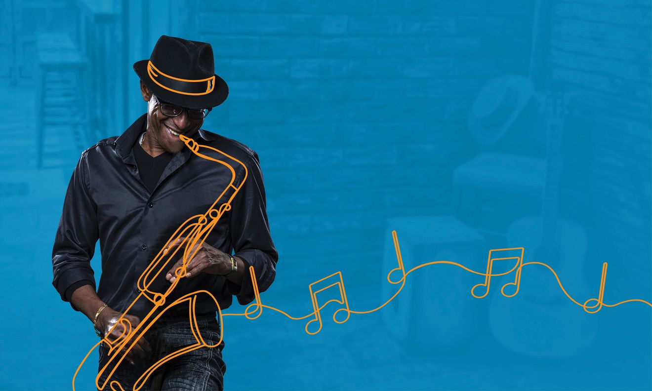 Smiling man overlaid with a drawing of a saxaphone emitting musical notes